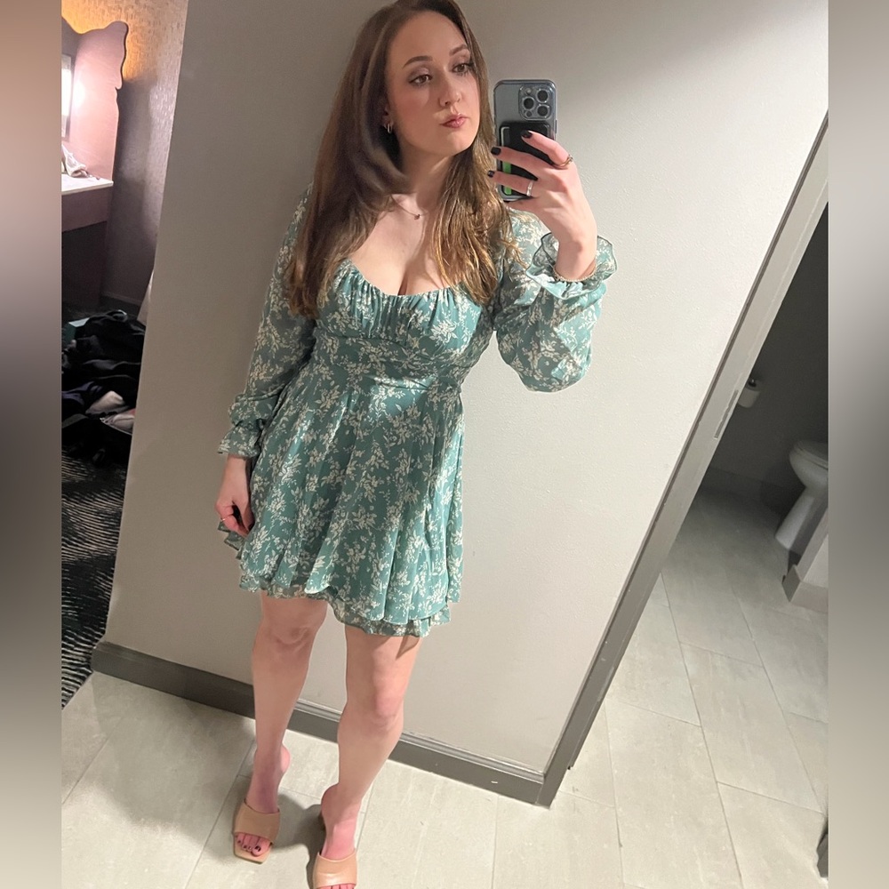 Floral Green Sheer Long-Sleeve Mini Dress